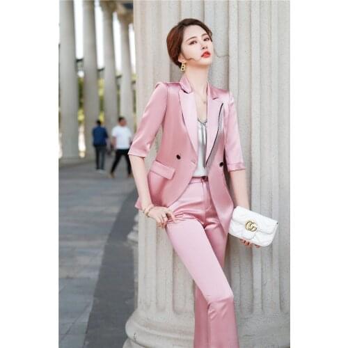 Novelty Pink Uniform Designs Pantsuits Formal Women Business Work Wear Suits Spring Summer Blazers Professional Trousers Set