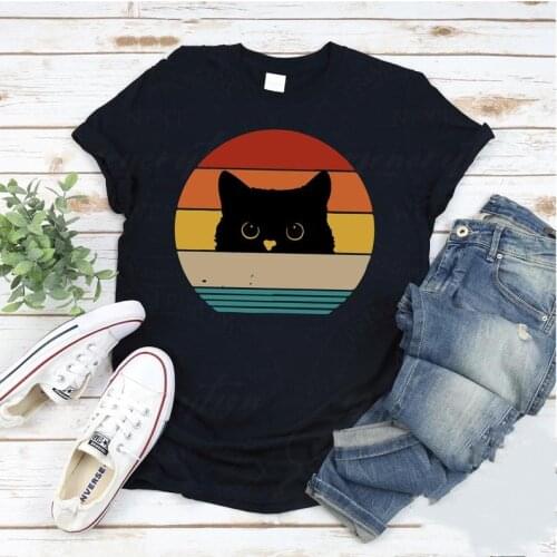 Retro Cat Black Cat Shirt Women Cotton Kawaii Fashion Shirt Plus Size O Neck graphic Mama shirt Short Sleeve Top Tees Streetwear