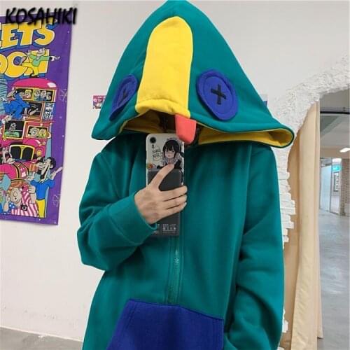 KOSAHIKI Oversized Women Men Funny Hoodie Vintage Contrast Color Korean Casual Hooded Sweatshirt Streetwear Harajuku Outerwear