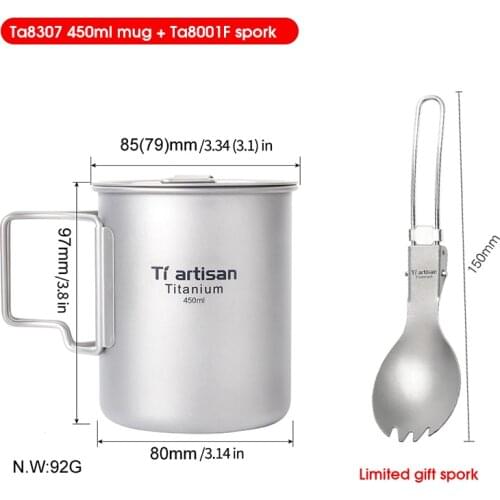 Tiartisan Outdoor Pure Titanium Cup 450ml Water coffee mugs Folding Handle with Lid Portable Ultralight Drinkware