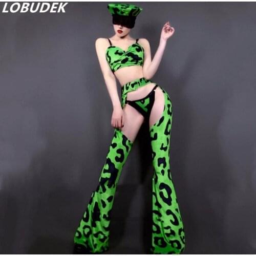 Green Leopard Stage Wear Split Bell Bottomed Hat Outfits Sexy Bar Singer DJ Dancer Cool Performance Clothes Nightclub Costume