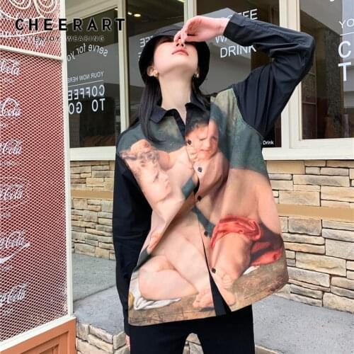 CHEERART 2021 Spring Blouse Angle Renaissance Print Long Sleeve Shirt Women Patchwork Top And Blouse Fashion Designer Clothes