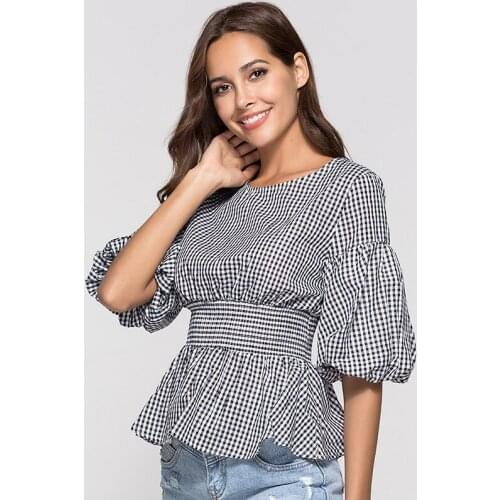 Women Fashion Short Lantern Sleeve Plaid Elastic waist T-shirt Tops O-Neck Basic Casual Tshirt Office Ladies Slim T shirt