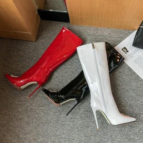 Patent PU Leather Women Knee High Boots Sexy Super Thin High Heel Ladies Long Boots Side Zipper Women Pointed Toe Shoes Big Size