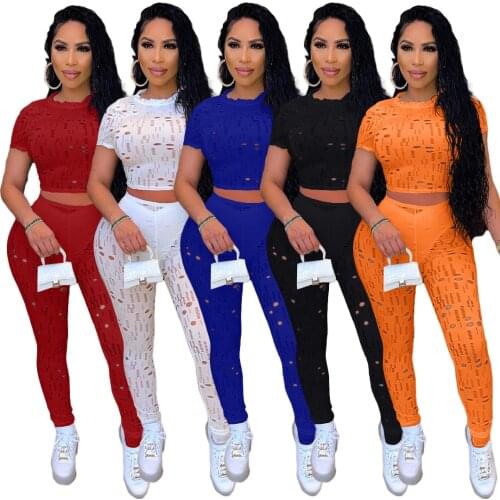 Solid Color Hole Two Piece Set Woman Short Sleeve T-Shirt And Pencil Pants Night Club Party Tracksuit Plus Size S-XXL
