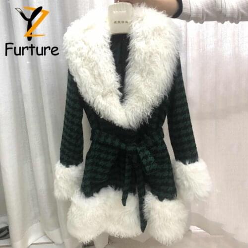 Women Casual Fleece Textile Trench Coat Splicing Fox Fur Collar Cuffs Hem Fashion Blends Design Slim Sashes Wool Plaid Overcoats