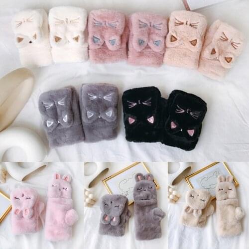 Winter Fluffy Plush Half Finger Gloves Cartoon Embroidery Convertible Mittens XX9D