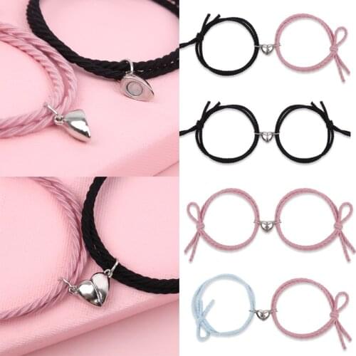 2pcs Couple Magnetic Bracelets Heart Pendant Charm Stainless Steel Bracelets for Lover Friend Men Women Braid Rope Bracelets