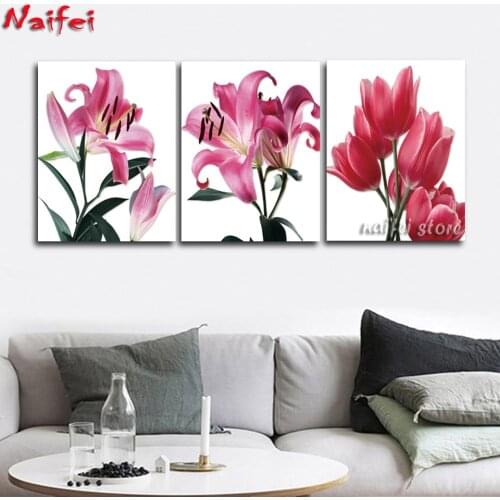 3 piece sets lily tulip red flower 5d diy diamond painting full square round diamond embroidery rhinestone triptych home decor