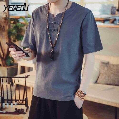 #4460 Summer Plate Buckle Short sleeve Cotton Linen T Shirt men Fashion Vintage Chinese style Plus size 5XL Tee shirt Male