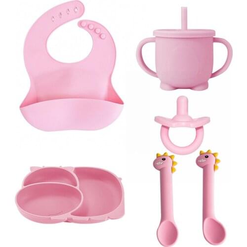 5pc/set Baby Feeding Silicone Bowl Spoon Kids Tableware For Newborn Gift Waterproof Silicone Bibs Infant Sets Silicone Plates