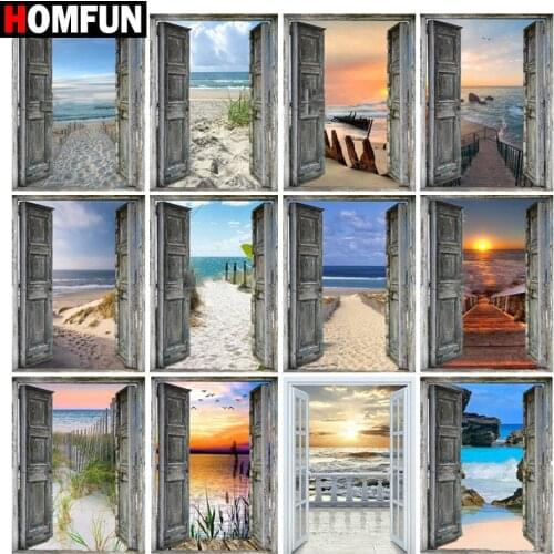 HOMFUN Diamond Embroidery DIY Diamond Painting Cross Stitch Kit "Door sea view dusk Sunset"5D Needlework Diamond Home Decoration