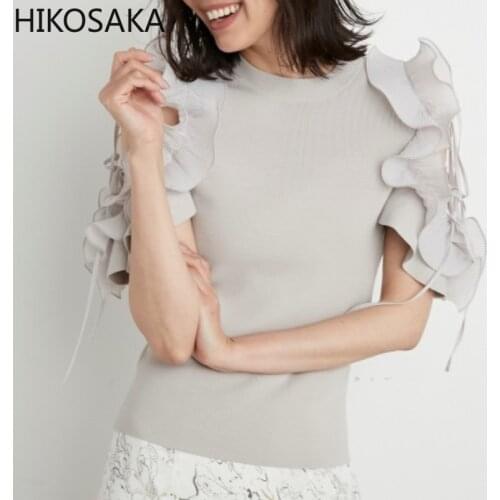 Bandage Ruffles Off-shoulder Summer Sweaters Japan Style Elegant Temperament O Neck Women Pullovers 2021 Chic Knitted Slim Tops