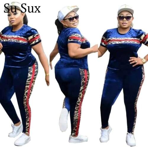 Velvet Leopard Two Piece Set Women Outfits Casual Tracksuit O Neck Short Sleeve Top and Pencil Pants Suit Sportwear Africa 2021