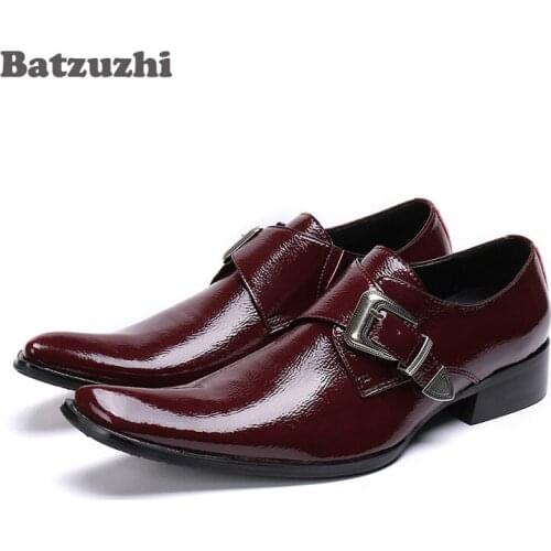 Batzuzhi Formal Leather Shoes Men Square Toe Buckle Oxfords Leather Business Dress Shoes Wine Red Wedding Shoes Men Party