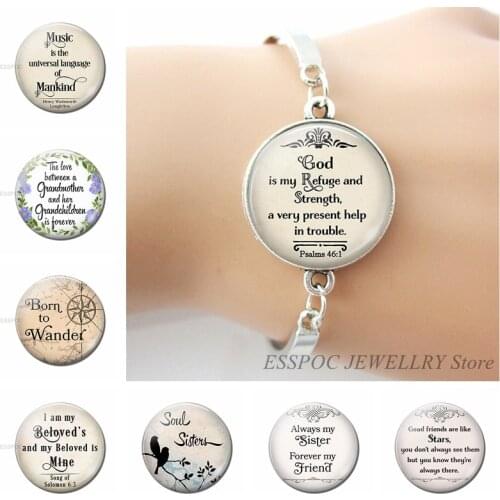 God Is My Refuge and Strengh Bible Psalms Quote Verse Bracelet Bible Glass Cabochon Jewelry Bangle Women Gifts