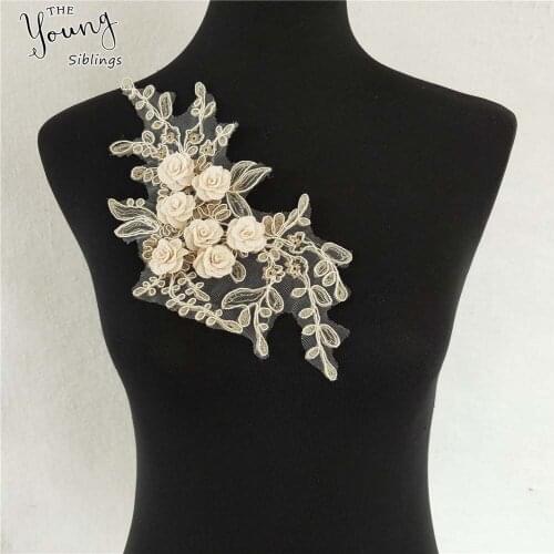 3D standing flower embroidery lace applique neckline fabric sewing DIY clothing craft supplies accessories 1 piece for sale