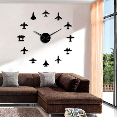 Flying Plane Fighter Jet Modern DIY Giant Wall Clock Acrylic Mirror Surface Sticker Airplane Wall Clock Aviator Pilot Home Decor
