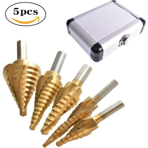 5Pcs Step Drill Bit Set 1-3/8"-3/16" HSS Titanium Coated Stepped Cone Drill Bits Set for Metal Wood Steel Plastic