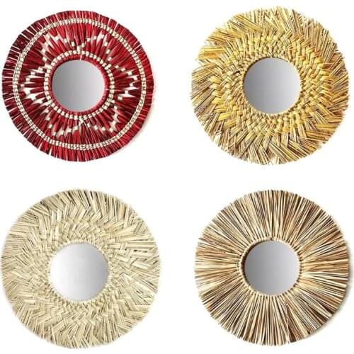 Rattan Plaited Seaweed Art Makeup Mirror Nordic Style Wall Hanging Home Decor