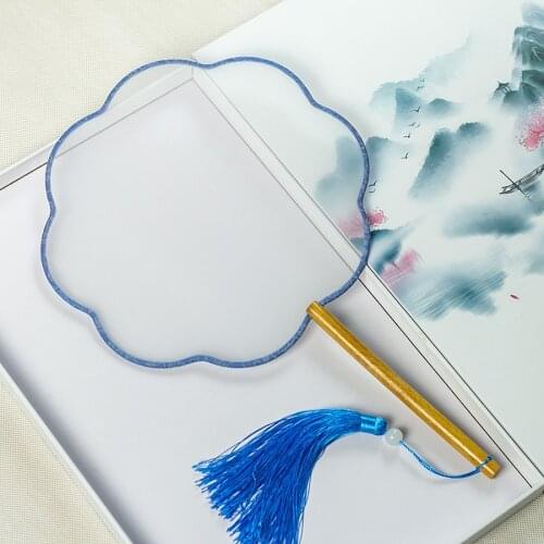 Blank eight-petal round fan Beech long handle artificial silk color embroidered DIY decals show ancient palace fan