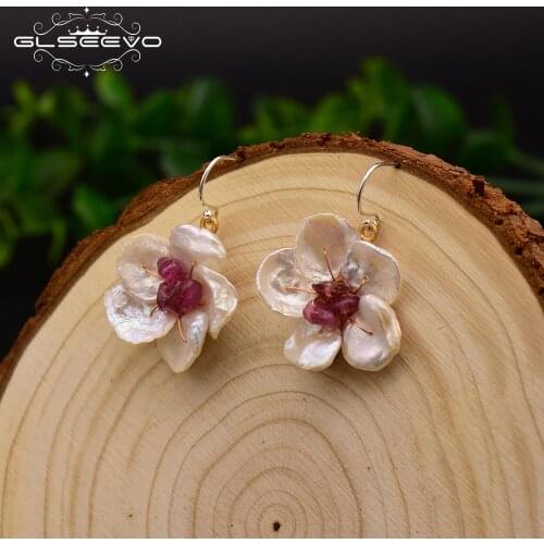 GLSEEVO Flower Drop Earrings For Women Handmade Natural Fresh Water Pearl Dangle Earring Amethyst Fine Jewelry GE0621
