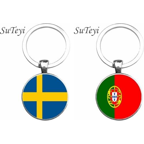 SUTEYI Personality Car Accessories Car Key Ring Jewelry Portugal/Sweden Flag Keychain Glass Cabochon Pendant Key Chain