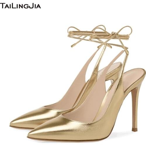 Pointed Toe High Heels for Women Ankle Strap Party Shoes Stilettos Gold Pumps Ladies Large Size Lace up Evening Nightclub Shoes