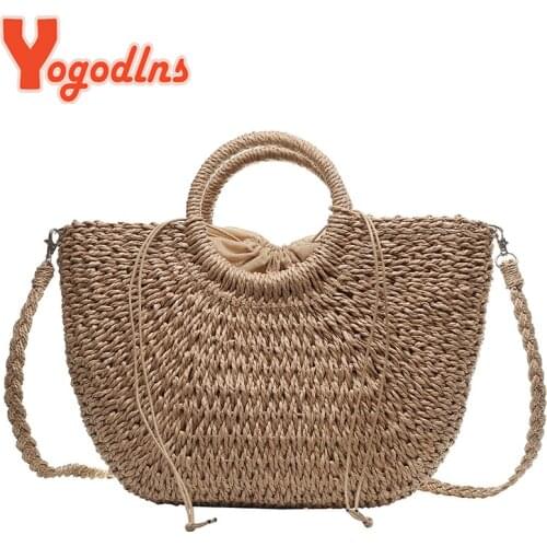 Yogodlns Summer Half-Round Straw Bag Women Weave Handmade Handbag 2021 Trendy Shoulder Bag Fashion Beach Bags Kintted Handle Bag