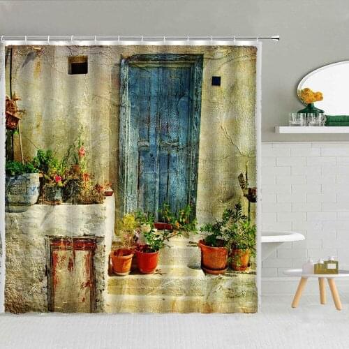 Rural Courtyard Landscape Oil Painting Shower Curtain Potted Flower Antique Old Wall Door Spring Scenery Bathroom Decor Curtains