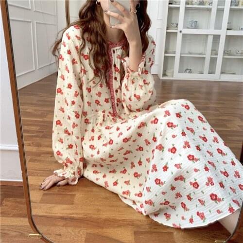 Korean New Nightdress s Women Long-Sleeve Cotton Floral Printed Home Clothes Sleepwear Sleeping Dress Loose Nightwear