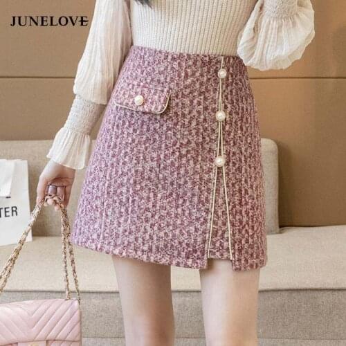JuneLove Girly A-Line Tweed Skirts Women Back Zipper Peal High Waist Skirts Vintage Korean Style Office Lady Mini Skirts Bottoms