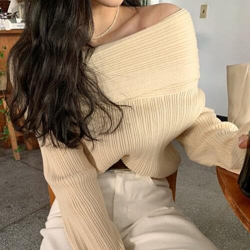 Slash Neck Top Sweater Woman Autumn Solid Thick Knitted Jumpers Korean Winter Loose 2021 Pollover Warm Cute Winter Clothes Women