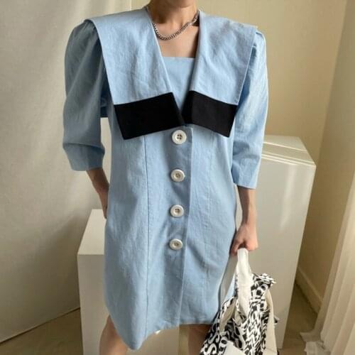 Women Dress 2021 Summer French Navy Collar Contrast Single-Breasted Loose Casual Three-Quarter Puff Sleeve Vestidos