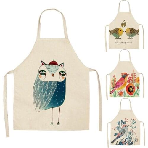 1 Pcs Bird Flower Branch Printed Kitchen Aprons for Women Household Cleaning Accessories Cotton Linen Cooking Apron WQ27