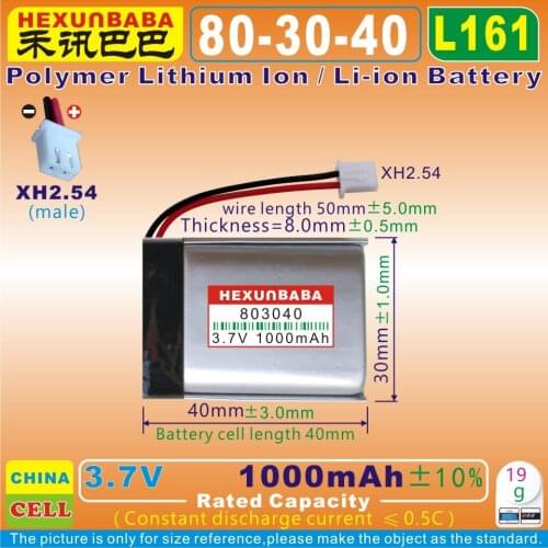 2pcs [L161] 3.7V 1000mAh [803040] XH2.54;PLIB (polymer lithium ion / Li-ion battery) for MP3,power bank,VR,speaker,cell phone