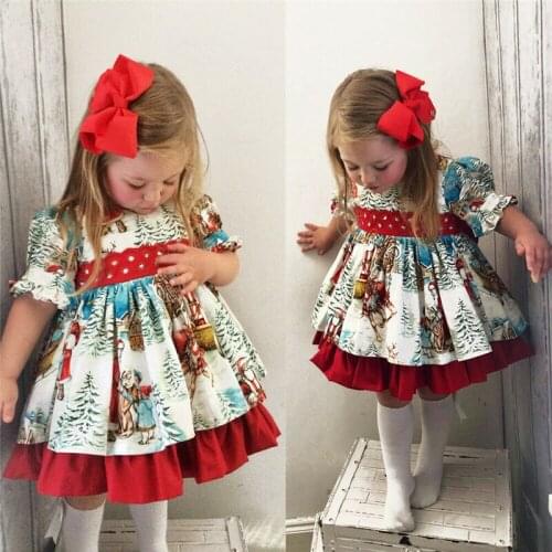 2021 Christmas Dress Children Santa Print Dresses Cosplay Big Bow Girl Dress Kawaii Double Short Sleeve Red Skirt Cute Baby