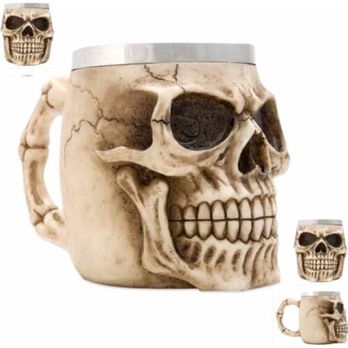 3D Stainless Steel Liner Drinking Skull Mug Resin Skull Tankard Horror Decor Skull Cup for Halloween Bar Drinkware with handgrip