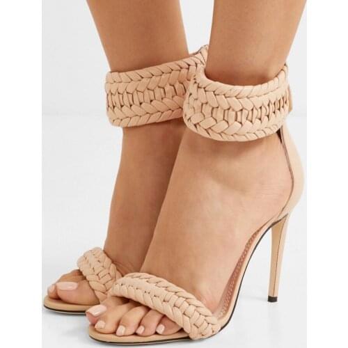 Moraima Snc Nude Leather Braided High Heel Sandals for Woman Sexy Open Toe Ankle Strap Gladiator Pumps Super High Party Shoes