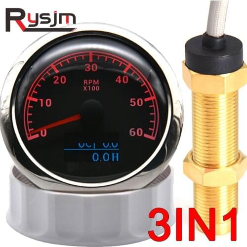 H 85MM rpm Sensor + Tachometer 3In1 Car Tacho 6000RPM Meter With Water Temp Oil Pressure Gauge Engine Total Hours Boat Marine