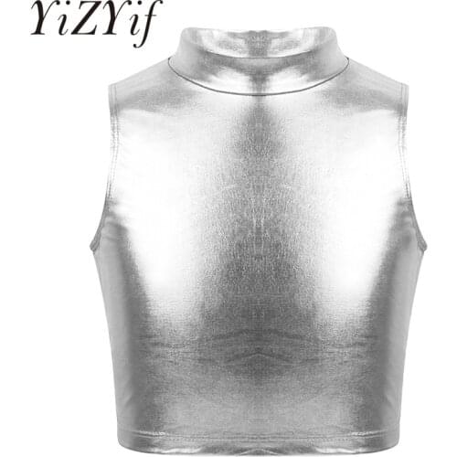 Kids Ballet Leotards Girls ballerina Tops Metallic Sleeveless Turtleneck Crop Tops for Ballet Dance Costumes Stage Performance