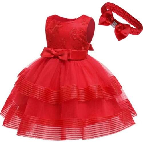 Baby one year old baptism wedding birthday commemorative party flower girl bow multi-layer mesh puff infant princess dress