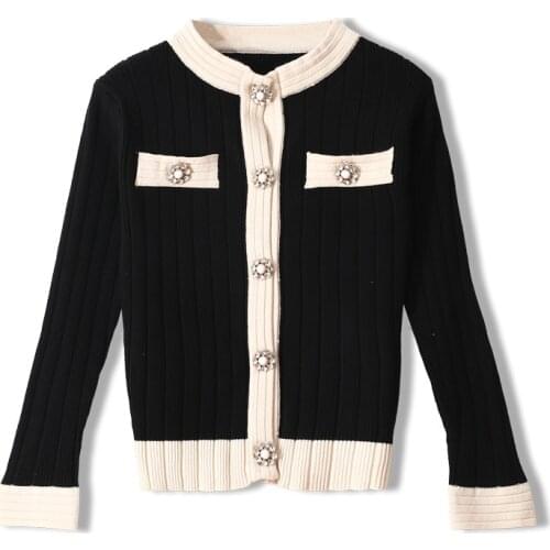 Jumpers Autumn Pocket Women Sweater Knitted O-neck Long-Sleeved Slim Button Pearl Elegant Coat Top Office Lady Cardigans Outwear