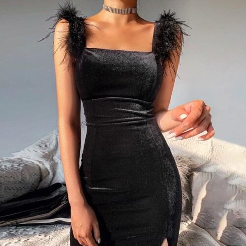 Elegant Square Neck Evening Party Velvet Dress Faux Fur Shoulder Bodycon Summer 2021 Women Chic Sexy Split Dresses Ladies Black