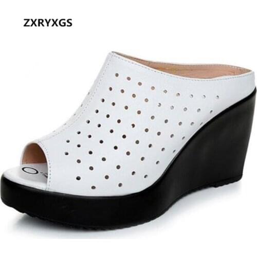 Elegant and Comfortable Hollow Genuine Leather Sandals Women Slippers 2021 New Thick Bottom Wedges Fashion Sandals Women Shoes