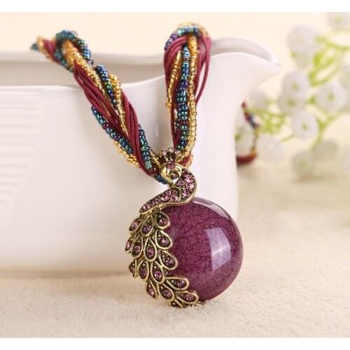 ELIfashion Retro Bohemia Style Necklace Multilayer Beads Chain Crystal Peacock Abstract Design Resin Pendant Necklace