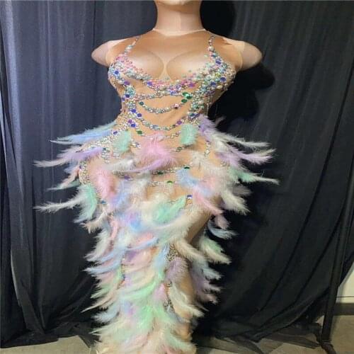 H24 Singer stage performance feather dress colorful rhinestones skirt 3d printed sleeveless outfits disco show clothe party wear