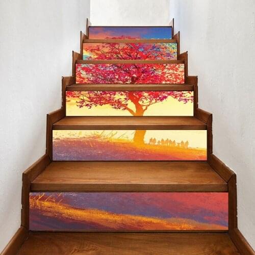 Print Art Picture 3D Stair Sticker a View Tree Red DIY Home Decor Decals Self Adhesive Waterproof Mural For Bedroom Renovation
