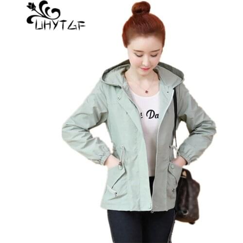 UHYTGF 2019 New High Quality Women Spring autumn Wild Casual Hooded tops Cardigan Female trench Coats fashion trench coat X210