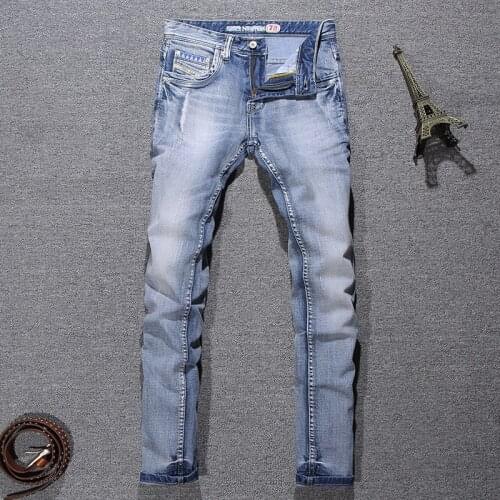 Italian Style Fashion Men Jeans Distressed Light Blue Elastic Cotton Ripped Jeans Men Vintage Retro Designer Slim Denim Pants